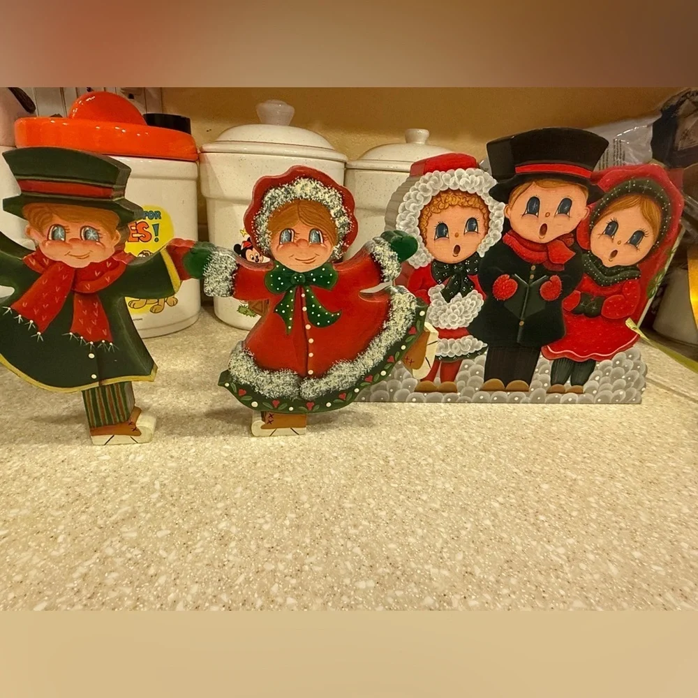 Vintage Hand Painted Wooden Holiday Christmas Carolers Decor and Set Ice Skaters